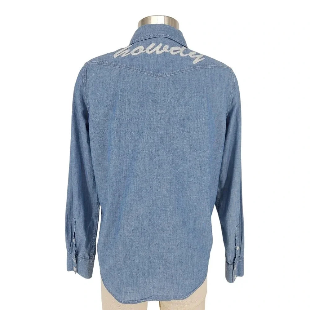 Draper James Howdy Shirt Chambray Floral Embroidered Long Sleeve Button Up Top